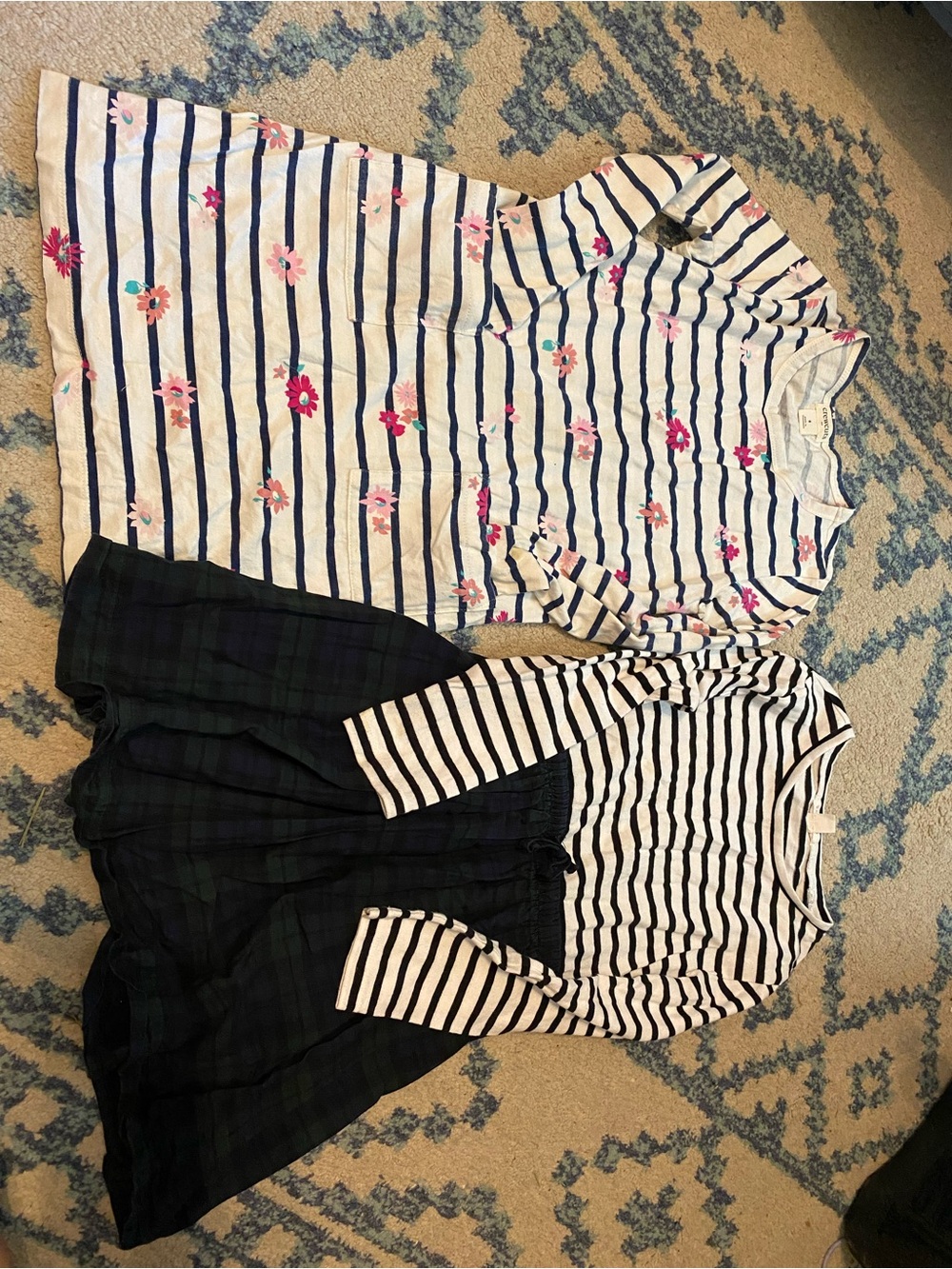 Crewcuts Girls Navy Stripe Floral Long Sleeve Top & Black Plaid Skirt Set